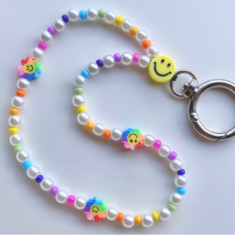 Smiley Face Rainbow Keychain or Phone Strap beaded pearl happy face colorful